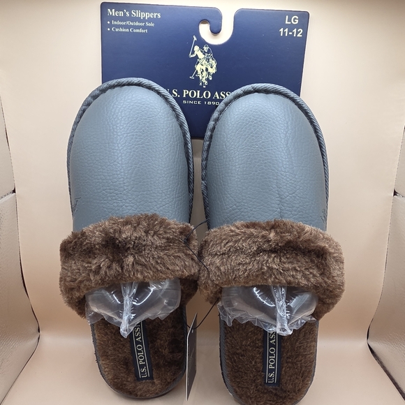 U.S. Polo Assn. Other - U.S. Polo Assn. Slippers Men's 11-12 Large Grey Brown Fuzzy Slip-on House Shoes